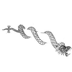 a black and white drawing of a dragon flying through the air with its tail curled up