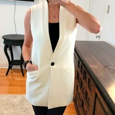 Cream Vest Jacket, Excellent Condition. Never Worn. Chic Outerwear With Pockets For Layering, Versatile White Outerwear With Pockets, Versatile White Outerwear For Spring, Versatile Spring Blazer For Layering, White Business Casual Outerwear For Fall, White Outerwear For Spring Layering, White Spring Outerwear For Layering, Chic Beige Blazer For Layering, Versatile White Outerwear For Work