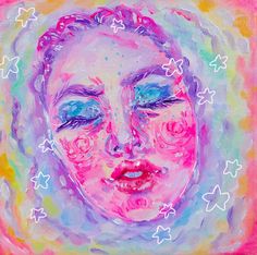 a painting of a woman's face with stars around her head and eyes painted in bright colors