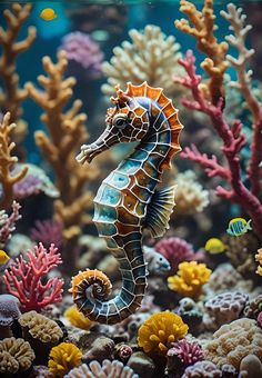 a sea horse is standing in the middle of some corals and other marine life