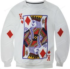 Poker King Card Ugly Christmas Sweater  All Over Print Sweatshirt Easy 30 day return policy Holiday Graphic Print White Sweatshirt, Holiday White Graphic Print Sweatshirt, White Christmas Sweater With Graphic Print, White Christmas Graphic Print Sweater, Novelty White Crew Neck Top, White Novelty Crew Neck Top, Poker King, King Card, King Of Hearts