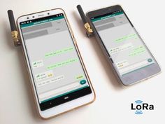 two cell phones sitting next to each other on top of a white table with the text lora