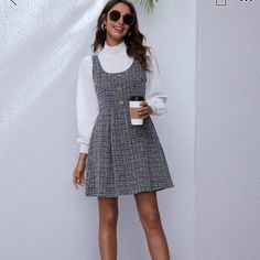 Never Worn - Tweed Sleeveless Sweater Dress. Gold Buttons. Zipper On Back. Dress With Shirt Underneath, Shirt Under Dress, Dress With Shirt, Under Dress, Tweed Dress, Pinafore Dress, Vest Fashion, Overall Dress, Inspiration Mode