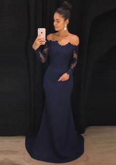 Navy Satin Prom Dress, Prom Dresses With Long Sleeves, Dresses With Long Sleeves, Dress Applique, Formal Prom Dresses Long, Navy Blue Prom Dresses, Long Sleeve Prom, Evening Party Gowns, Lace Bridesmaid Dresses