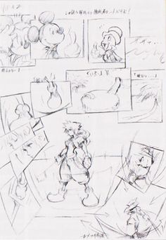 the storyboard for mickey mouse's adventures is shown in black and white ink