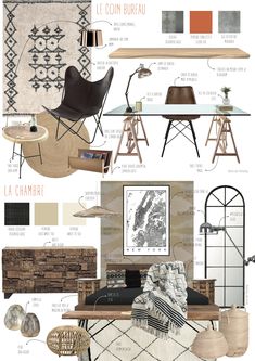 a collage of furniture and decor items in different colors, including chairs, tables, lamps