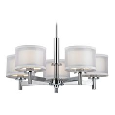 a chrome chandelier with white shades on the lamps and shade shades hanging from it