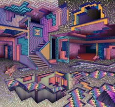 an image of a very colorful room with stairs and walls in the center, as well as text that reads visit instagram profile