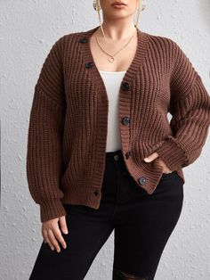 Plus Size Cardigan Outfit, Plus Size Button Up Cardigan, Plus Size Oversized Cardigan, Cheap Button-up Cardigan For Layering, Cardigan Outfit Plus Size, Short Cardigan Outfit, Brown Knitted One-size Cardigan, Cheap Brown One-size Cardigan, Plain Cardigan