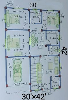 a blueprint drawing of a house with the measurements for each floor and garage area