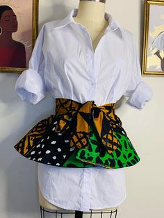 African print peplum Belt, Ankara Belt, Adjustable Waist Belt with extra fabric to Ties. Many ways to wear this peplum belt. Ankara Belt, African Fabric Accessories, Ankara Accessories, Peplum Belt, African Designs, African Styles, African Print Clothing, Garment Details, Ankara Dresses