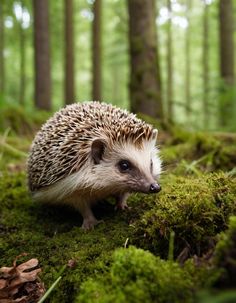 a hedgehog is walking through the mossy forest