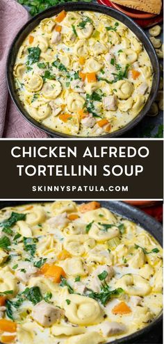 chicken alfredo tortellini soup in a skillet