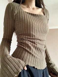 Plain Top for Women Sexy Clothing Slim Woman T-shirt Simple Cheap Stylish Causal 2024 Korean Knitted Y2k Long Sleeve, Mode Inspo, Inspired Outfits, 가을 패션, Style Outfits, Trendy Tops, Dream Clothes, Vintage Fabric