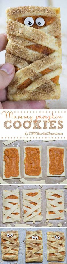 a stack of crackers with googly eyes on them and the words mommy pumpkin cookies