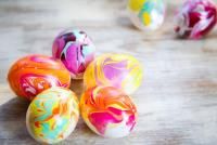 marbled easter eggs on a wooden table