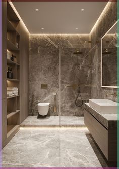 a modern bathroom with marble walls and flooring