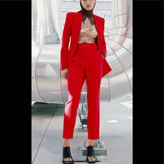 Zara Pants With Fabric-Covered- Belt Beautiful Red Color Chic Red Suits For Fall, Red High-waisted Pants For Formal Occasions, Red High-waisted Formal Pants, Formal Red Straight Pants, Formal Red High-waisted Pants, Elegant Fitted Red Dress Pants, Red Straight Leg Dress Pants For Spring, Red Fall Pantsuit For Party, Red Pantsuit For Fall Party