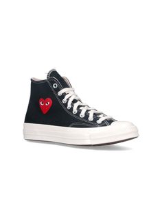 Comme des Garçons Play High Top Converse Chuck 70 sneakers in black cotton with round toe with contrasting white rubber detail, laces, red heart print on the side, and rubber sole. composition: 100% cotton High Top Converse, Chloe Purses, Converse Chuck 70, Comme Des Garcons Play, Chuck 70, Saint Laurent Shoes, Selling Clothes, Sneaker Wedge, Gorgeous Bags