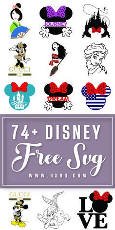 mickey mouse and other disney characters with the words free svg on them in different colors