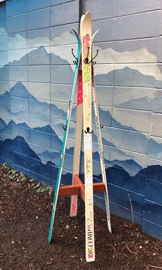 three skis leaning up against a wall with mountains painted on it