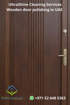 a door with the words ultrashine cleaning services wooden door polishing in uaf