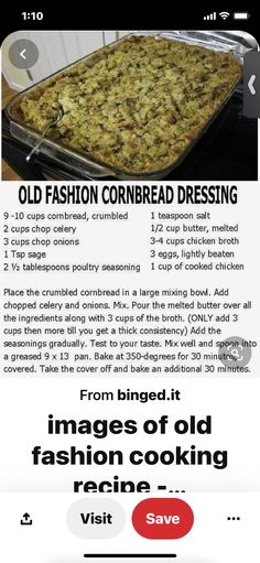 an old fashion cornbread dressing recipe on the app store's iphone photo screen