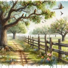 a painting of a country road with birds flying over the fence and flowers in the foreground