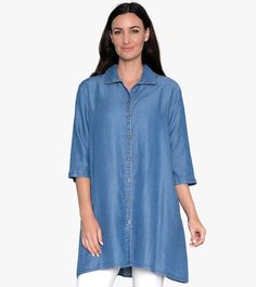 Inspired by the classic shape of our best-selling Tiburon Tunic, the Mendocino Tunic is your casual go-to style. This easy-to-wear Tencel® denim top shows off welted front pockets, a pleated back for ultimate comfort, and 3/4 length sleeves. Experience the luxurious feel of this eco-denim topper! All SALE styles are FINAL SALE only and cannot be exchanged or returned. For more information please read our Returns & Exchanges policy in the footer of our website under Support. Know your size. Go to