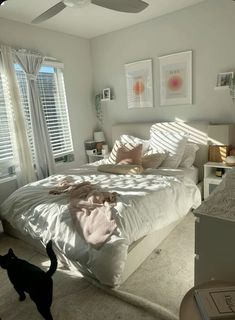 a bedroom with a bed, dresser and ceiling fan in it's center area