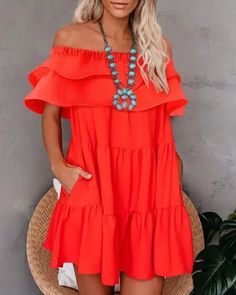 Lasaky - Casual Ruffle Off Shoulder Hem Dress Bodycon Dress Casual, Asymmetrical Tops, Hem Dress, Asymmetrical Dress, Olivia Mark, Ruffle Dress, Princess Dress, Off Shoulder Dress, Red Dress