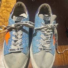 Authentic Golden Goose May Glitter Sneaker Worn Only A Few Times . Sneakers Are In Very Good Condition And They Are 7.5 Sz (38) . Orange Star, Goose Shoes, Glitter Sneakers, Golden Goose Shoes, Golden Goose, Blue Orange, Womens Shoes Sneakers, Low Top, Shoes Sneakers