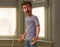 a cartoon man with a moustache standing in front of a window next to a broom