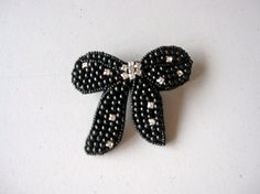 Black Beaded Bow with Crystals French Hair Barrette, for dressy occasions, weddings, parties Elegant Black Hair Accessories With Ribbon, Elegant Black Hair Accessories With Bow, Elegant Black Hair Accessories With Decorative Bow, Elegant Black Hair Accessories For Gift, Black Brooch With Decorative Bow For Evening, Beaded Bow, White Plains, French Hair, French Barrette