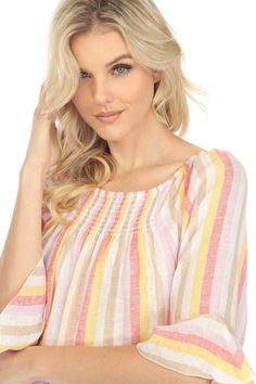 Women's Casual Resort Wear Off-Shoulder Stripe Linen Print 3/4 Flared Sleeve Blouse Fit and Care: Machine wash cold with like colors on delicate cycle. Use only non-chlorine bleach if needed. Line dry and warm iron. May dry-clean. Machine Washable Lightweight, soft linen blend fabric, comfortable, breathable Flowy comfortable fit Imported Fabric Content: 55% Linen 45% Rayon. SKU: MW-2290 Multicolor Summer Tops With 3/4 Sleeves, Spring Tops With 3/4 Sleeves, Spring/summer Tops With 3/4 Sleeves, Multicolor 3/4 Sleeve Tops For Summer, Summer Brunch Tops With 3/4 Sleeves, Summer Tops With 3/4 Sleeves For Day Out, Havana Nights Dress, Casual Resort Wear, Havana Nights