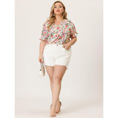 The fit of the top is relaxed and easy. The shape of the top is casual and relaxed. The style of the top is casual and relaxed, the floral pattern is cute and sweet, which can make you look more young and beautiful. An exceptionally breathable top and it fits perfectly. Casual Short Blouse For Day Out, Short White Floral Print Top, White Floral Print Short Top, Ruffled Short-length Tops For Spring, Ruffled Short Length Tops For Spring, Spring Ruffled Short Length Tops, Ruffled Tops For Spring, Short Length, Spring Short Blouse, Casual Summer Blouse Short Length