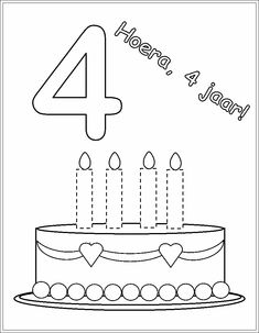 a birthday cake with candles on it and the number four in the middle is 4