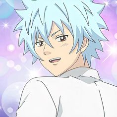 an anime character with blue hair looking at the camera