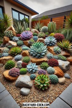 an assortment of succulents and rocks in front of a house