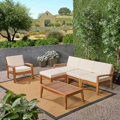 an outdoor living area with furniture and plants