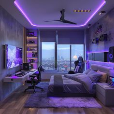 a bedroom with purple lighting and a large window