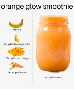 an orange smoothie in a mason jar with instructions to make it and how to use it