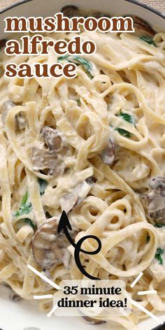 mushroom alfredo sauce in a white bowl with the words 5 minute dinner idea above it