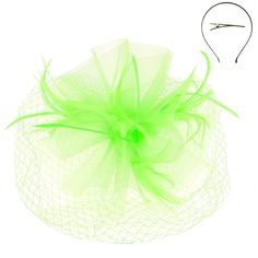 "Complete your race-day look with our Meet me at the finish line Fascinator featuring a playful veil. Perfect for adding a touch of whimsy to your ensemble (and hiding race-day hair!)." Spring Tulle Fascinator, Fun Green Mini Hats For Parties, Fun Green Mini Hats For Party, Green Fun Party Mini Hats, Summer Party Headpieces Made Of Tulle, Summer Party Tulle Headpiece, Fun Party Fascinator On Headband, Fun Party Fascinator With Headband, Fun Spring Party Costume Hats And Headpieces