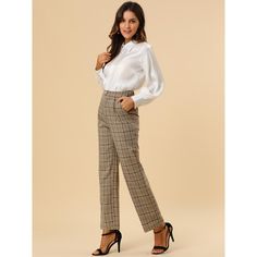 These pants are essential for dressing up or down. Lightweight fabric, covered in a plaid pattern, shapes these trendy trousers with a high-rise fit. How it is a bit high waist and how it gathers at the waist adding shape to the body. You may love everything about these trousers, from their regular fit to the elastic high-waist, which could double as a hiding mechanism for women with love handles. Style these trousers with a crop top and heels for the ultimate look. This fashionable and trendy c High Waist Bottoms For Office In Fall, Fall Houndstooth Straight Pants, Fall Houndstooth Pattern Straight Bottoms, Elegant High-waisted Plaid Pants, Straight Pants With Houndstooth Pattern For Fall, Houndstooth Straight Pants For Fall, Chic Plaid Straight Leg Pants, Elegant Plaid Pants For Office, Elegant Plaid Pants For Workwear