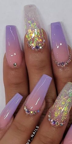 like what you see?✨ follow me for more: @skienotsky ✨ Acrylic Nail Designs For Summer Purple, Lavender Ombré Nails, Lavender Toe Nails Design, Hombre Nail Designs, Lavender Nails Design, Lavender Toe Nails, Purple Nails With Gems, Ombre Purple Nails, Lavender Nails With Glitter