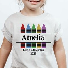 Hello Kindergarten Crayon Back to School Name T-Shirt Hello Kindergarten, Classroom Style, School Tees, Retro T Shirt, School Gifts, Retro Tshirt, Third Grade, School Items, Retro Vibe