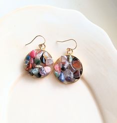 Gift Hoop Earrings With Natural Stones, Multicolor Round Resin Jewelry, Multicolor Round Hoop Earrings, Multicolor Resin Round Jewelry, Multicolor Pierced Round Hoop Earrings, Multicolor Jewelry With Matching Round Earrings, Multicolor Round Resin Earrings, Multicolor Natural Stones Hoop Earrings As Gift, Multicolor Gemstone Hoop Earrings For Gift