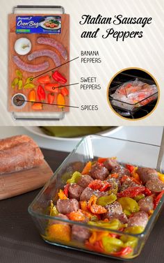 there are many different types of sausages and peppers in the dish on the table