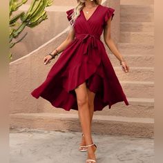 New Boho Ruffle Wrap Dress High Low Burgundy Red * Short Flutter Ruffle Cap Sleeve * Wrap Front V Neckline * Ruffle Hem Hi Low Skirt * Self Tie Belt *Approximate Unstretched Measurements* Small (4) * Bust 37" * Sleeve Length 2.75" * Length 43.5" Medium (6) * Bust 38.5" * Sleeve Length 3" * Length 44.5" Large (8/10) * Bust 41" * Sleeve Length 3.25" * Length 45.25" Xl (12) * Bust 43.25" * Sleeve Length 3.5" * Length 46" On Order ** Will Ship In 7- 10 Days Fabric : Soft Flowy Poly & Elastane Color Cheap Ruffle Hem Dress For Date Night, Chic Cheap Dress With Ruffle Hem, Hi Low Western Dress, Dresses For A Date, Aria Outfits, Ruffle Dress Pattern, Ruffled Dress Pattern, Beach Wrap Dress, Hi Low Skirt